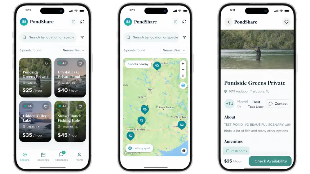 Angler browsing private fishing ponds on PondShare mobile app