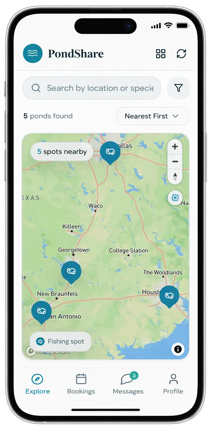 PondShare mobile app showing private fishing pond booking interface