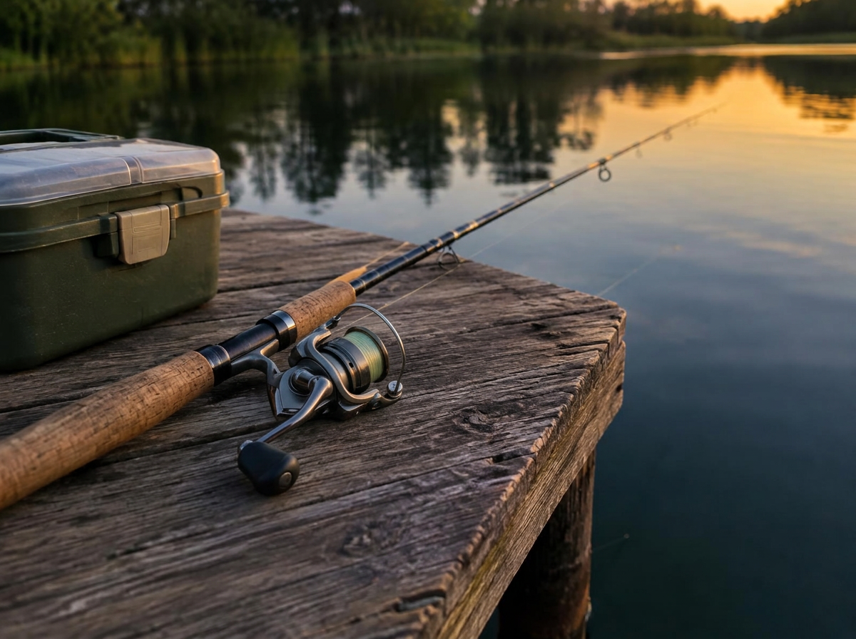 Fishing rod and tackle box resting on a wooden dock over calm water at sunset