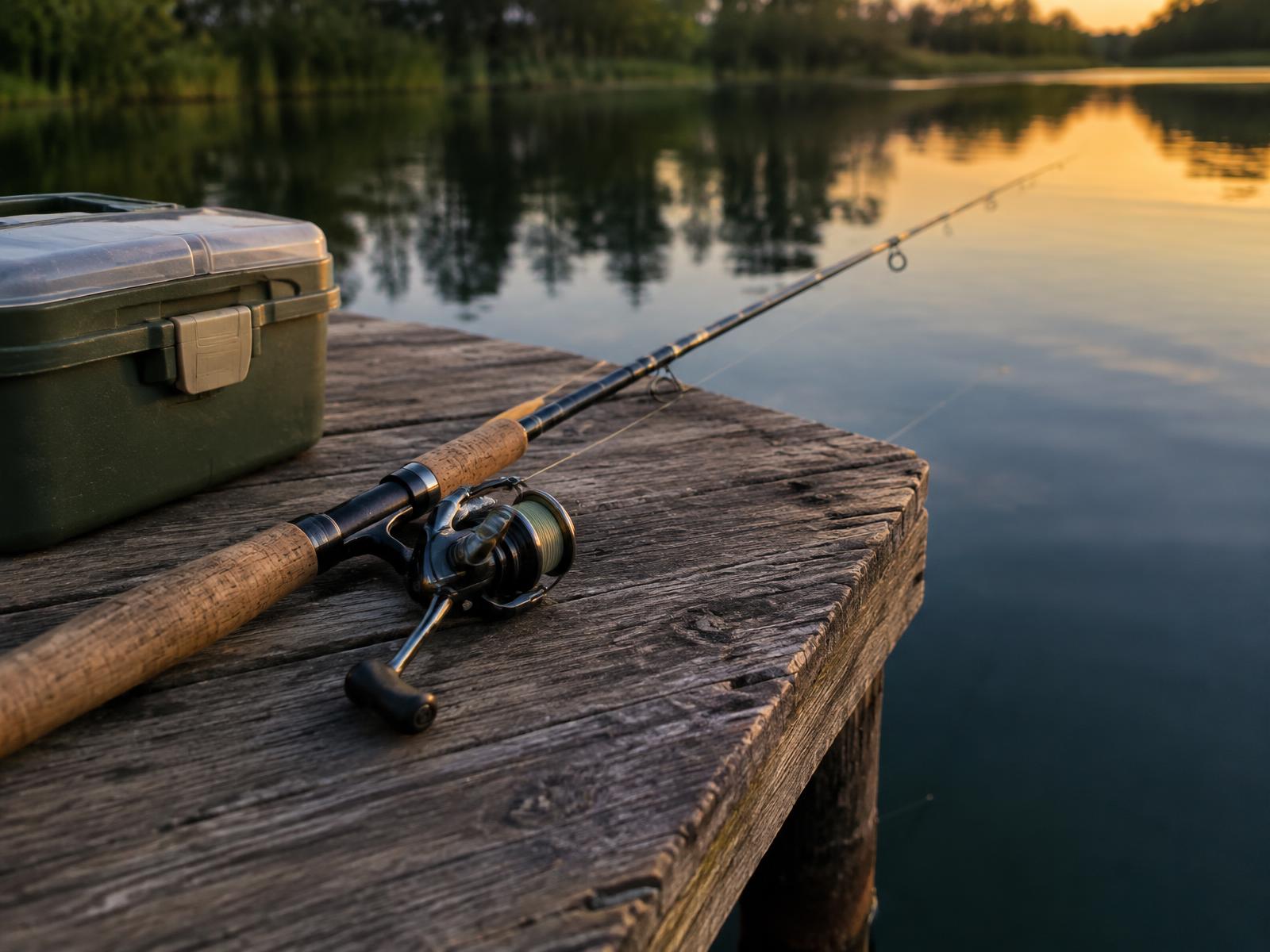 Fishing rod resting on a wooden dock over calm water