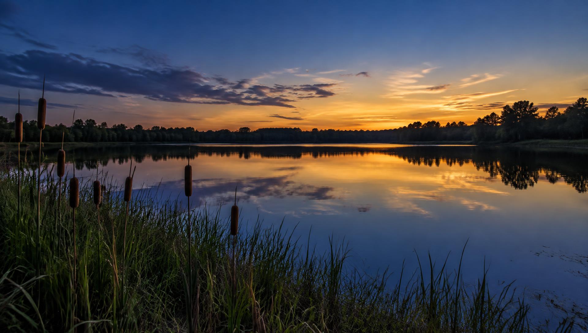 Still pond at dusk with cattails along the shoreline