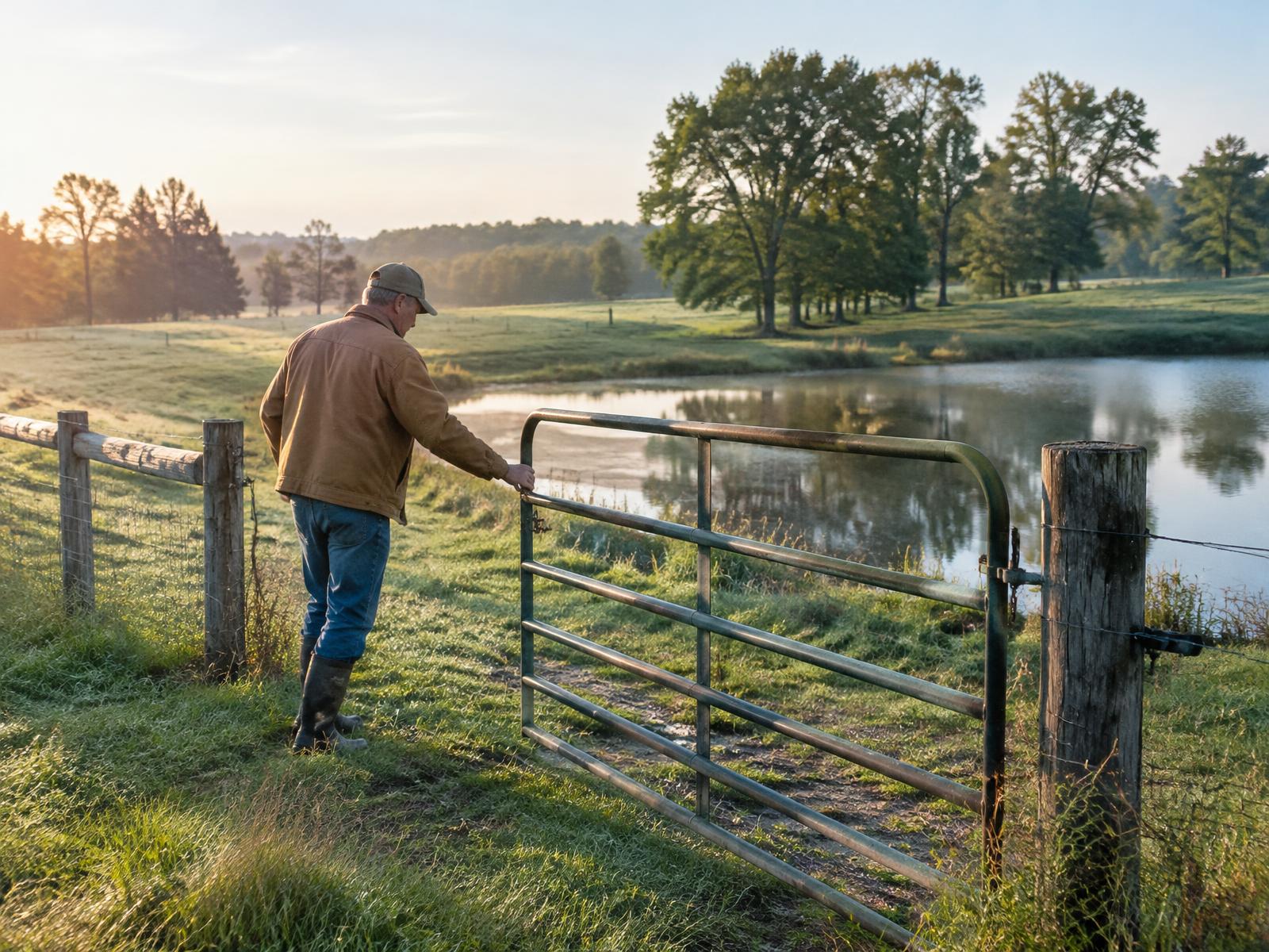Landowner opening a farm gate beside a private pond at sunrise