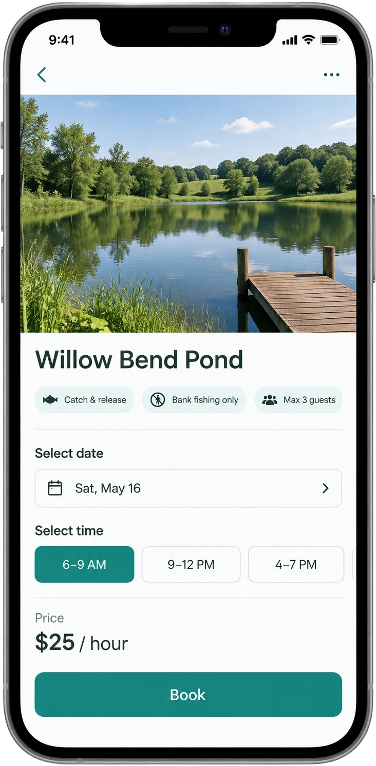 PondShare app on a phone showing a pond page with rules, a date and time picker and a Book button