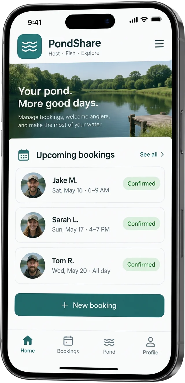 PondShare app on a phone showing a host's upcoming bookings