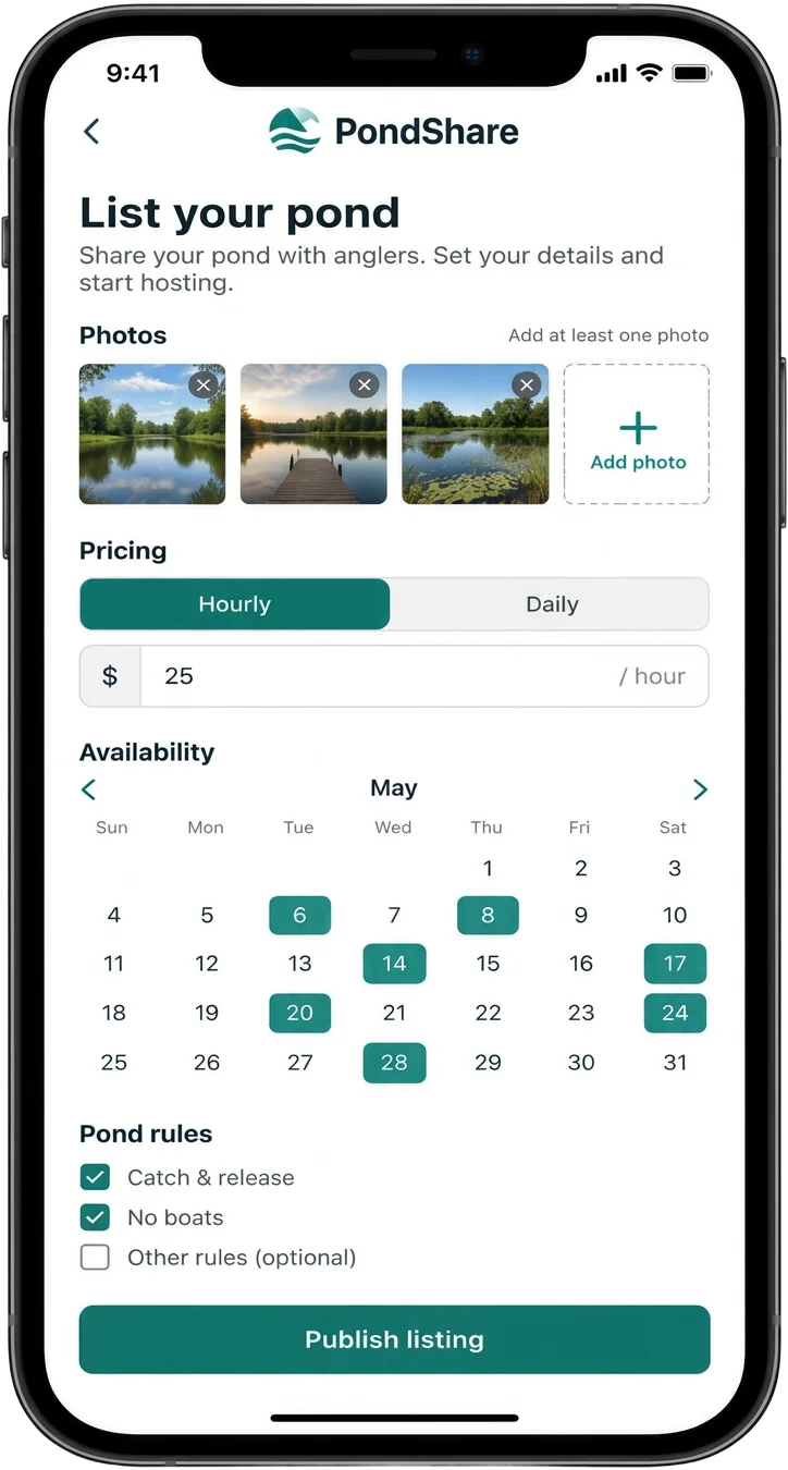 PondShare app on a phone showing the List your pond screen with photos, hourly or daily pricing, an availability calendar and pond rules
