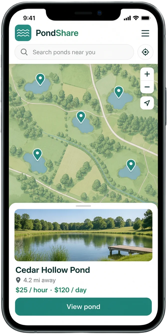 PondShare app on a phone showing a map of private fishing ponds nearby