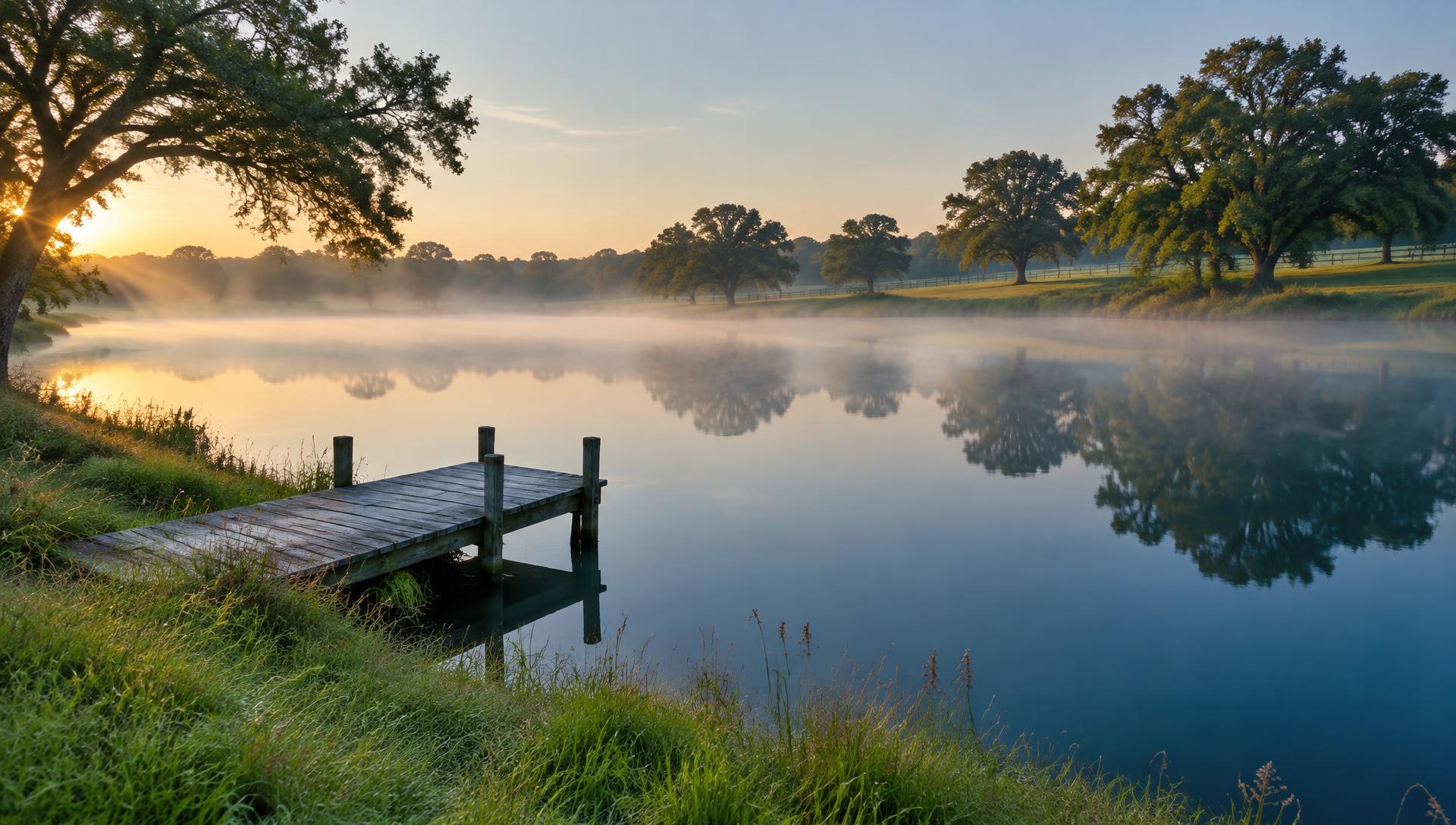 Calm private pond at dawn with mist over the water and a wooden dock
