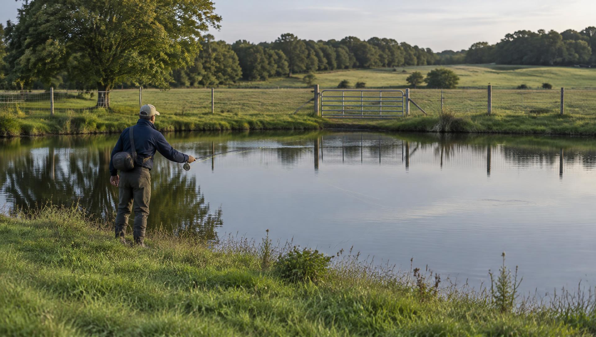 Angler casting from a grassy pond bank near a pasture gate